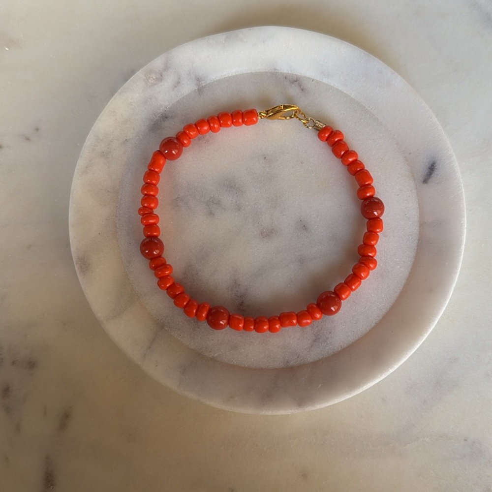 Orange Lover Glass Seed Bead Bracelet With Gold Clasp 7 inches